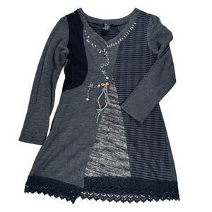 Moka Sport Mohair Blend Gray Black Tunic Sweater Patchwork Lace Embroidered  M